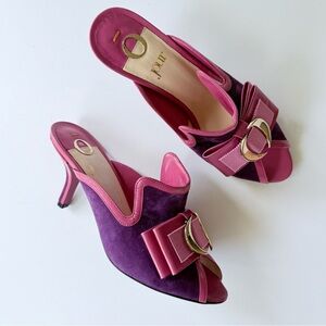 O Jour Purple Suede & Pink Leather High Heel Bow Mule Sandals 36.5 EU